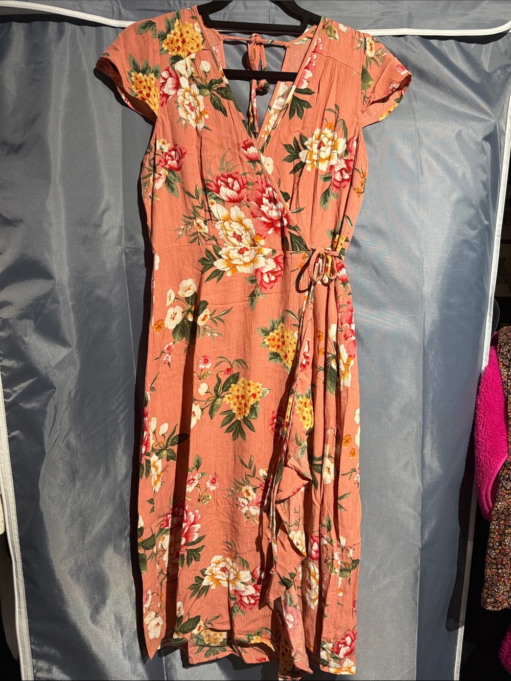 Xhilaration Coral Floral Midi Wrap Dress with Tie